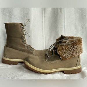 Timberland Womens 6.5 Fold Down Boots Booties Fur Lace Up 3758R Leather Nubuck